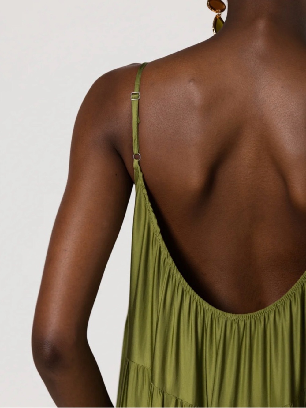 JAKI Noelle Strappy Tiered Satin Maxi Dress. Olive Green. Small. Worn once. - Picture 5 of 6